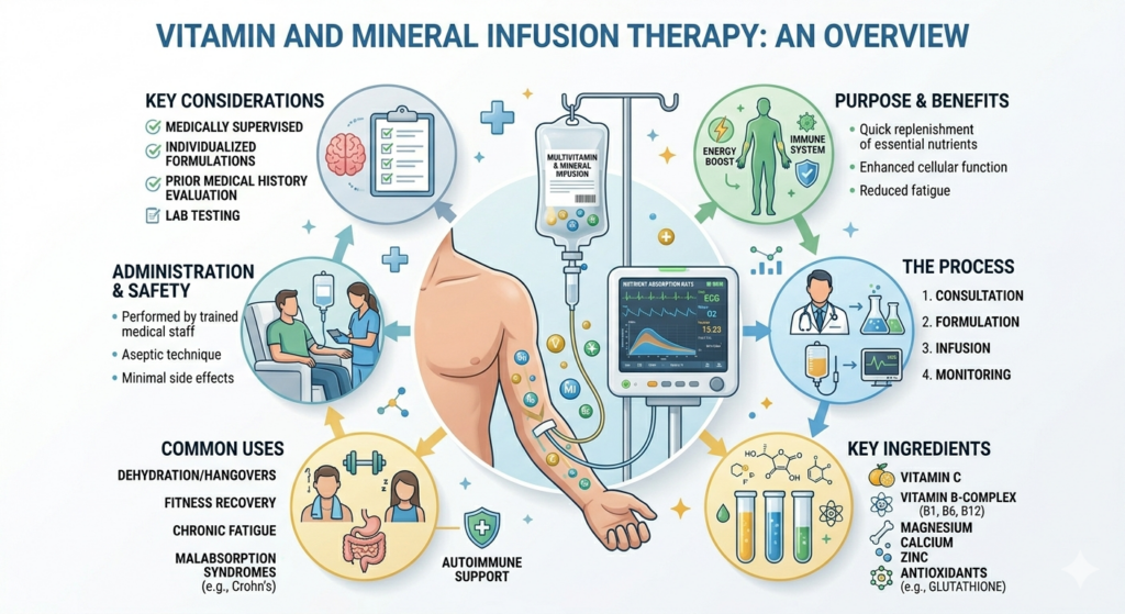 Infografía detallada sobre terapia de infusión de vitaminas y minerales, que muestra el proceso, ingredientes clave, beneficios, usos comunes y consideraciones de seguridad médica.