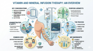 Infografía detallada sobre terapia de infusión de vitaminas y minerales, que muestra el proceso, ingredientes clave, beneficios, usos comunes y consideraciones de seguridad médica.