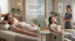 A diptych-style image illustrating a holistic wellness approach. The left panel shows a woman receiving facial and body acupuncture from a practitioner. The right panel shows a relaxed woman receiving a vitamin infusion (Myers' Cocktail) administered by a nurse. A central text box reads: "HOLISTIC WELLNESS: VITAMIN INFUSION + ACUPUNCTURE" with a flow diagram and "SYNERGISTIC APPROACH TO HEALTH".