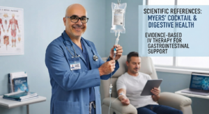 Dr. Antonio González Sotomayor administering an IV nutrient therapy (similar to a Myer's Cocktail) to a patient in a clinical setting, highlighting its evidence-based application for supporting digestive system function.