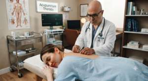 Dr. Antonio González Sotomayor performing professional acupuncture therapy on a patient in a clinical setting.