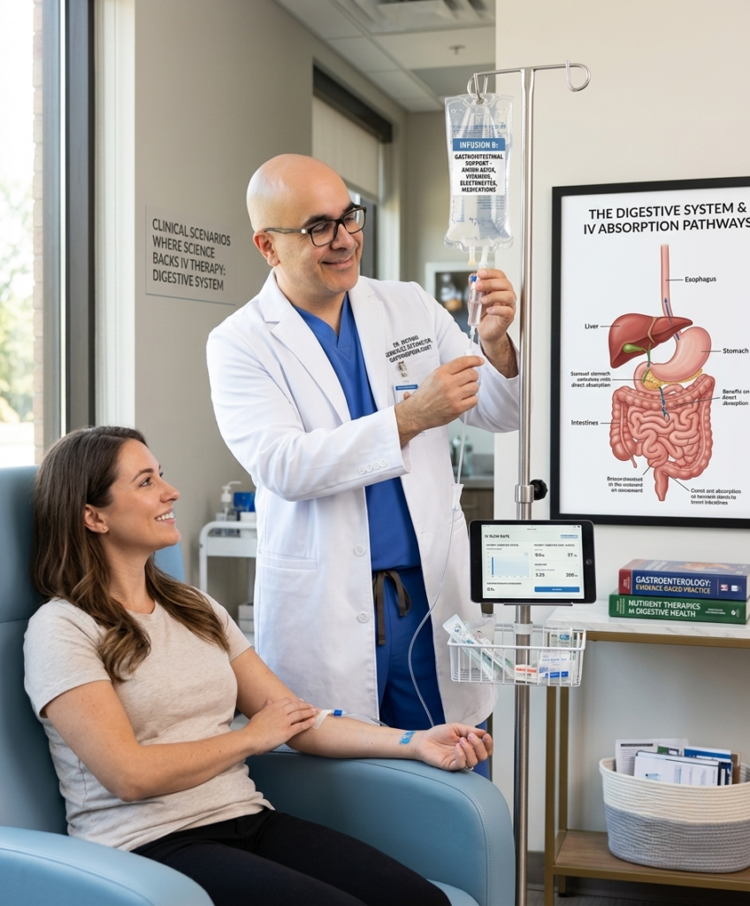 Dr. Antonio González Sotomayor administering IV therapy in a clinical scenario where science supports its use for the digestive system.
