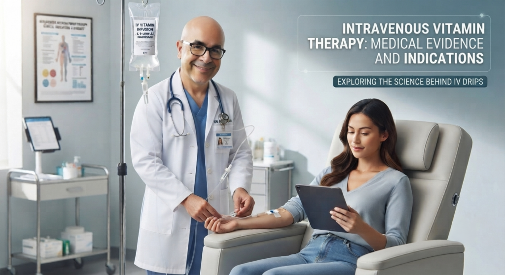 Dr. Antonio González Sotomayor administering IV vitamin therapy to a patient, demonstrating medical evidence and indications.